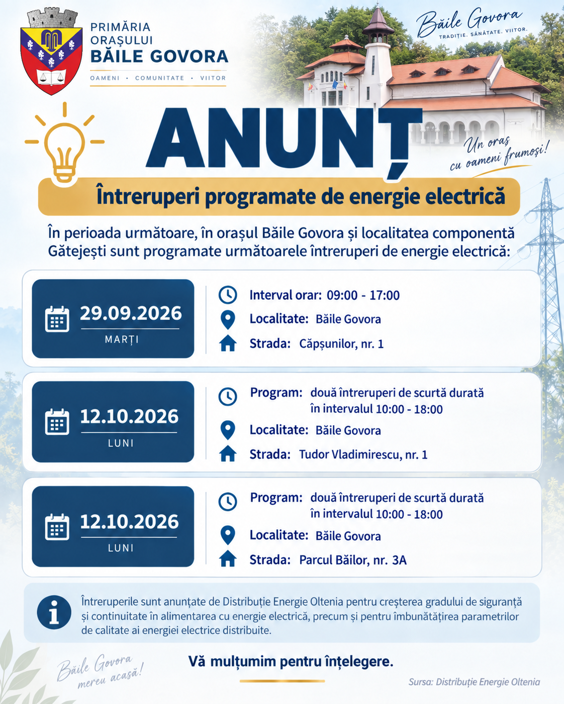 ⚡ ANUNȚ – Întreruperi programate de energie electrică