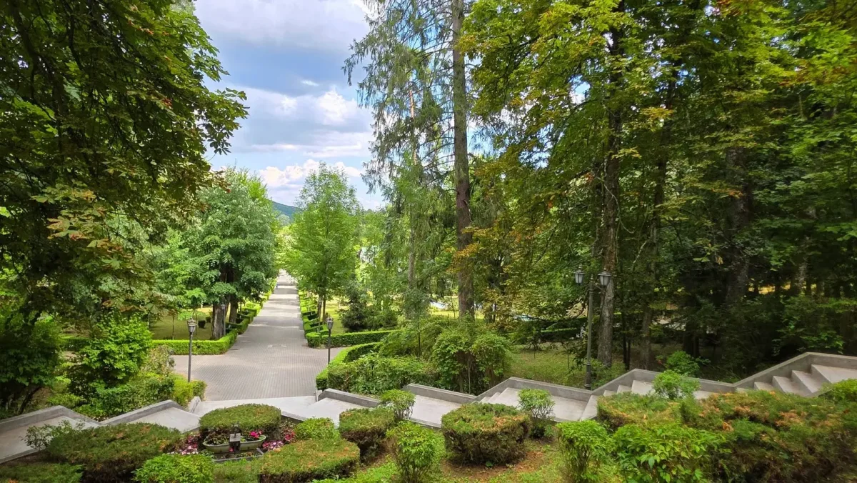 Perspectivă simetrică asupra scărilor, rondurilor și aleii din parcul balnear.